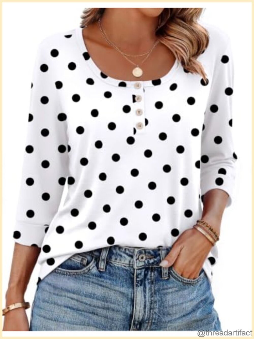 Womens 3/4 Sleeve Scoop Neck Blouse Henley Button Stretch Tunic Top